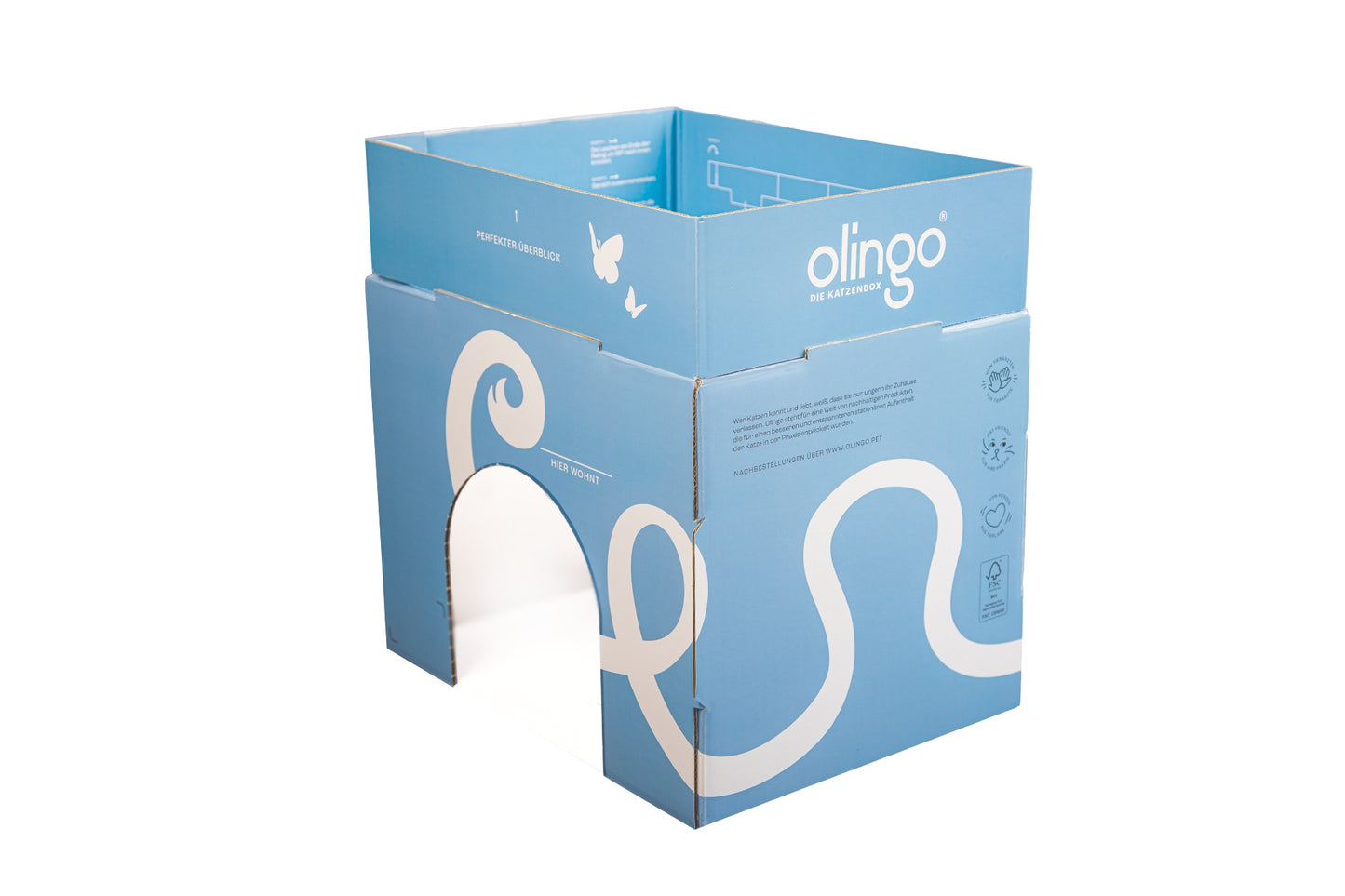 Olingo Katzenbox, Ansicht von Rchts mit seitlichem Eingang und aufgesteckter Reling
