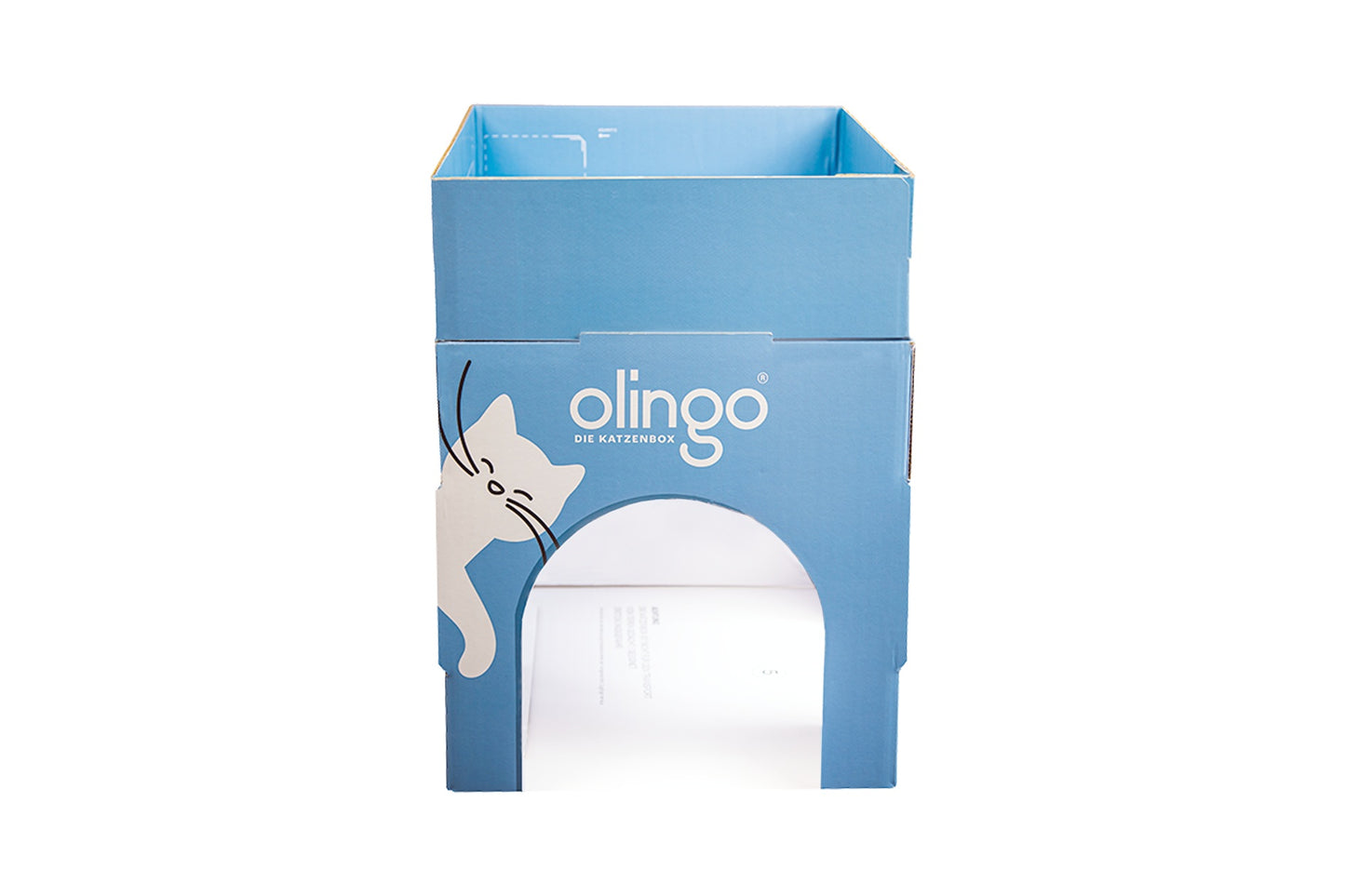 Olingo Katzenbox, Ansicht von Vorne mit Eingang und aufgesteckter Reling
