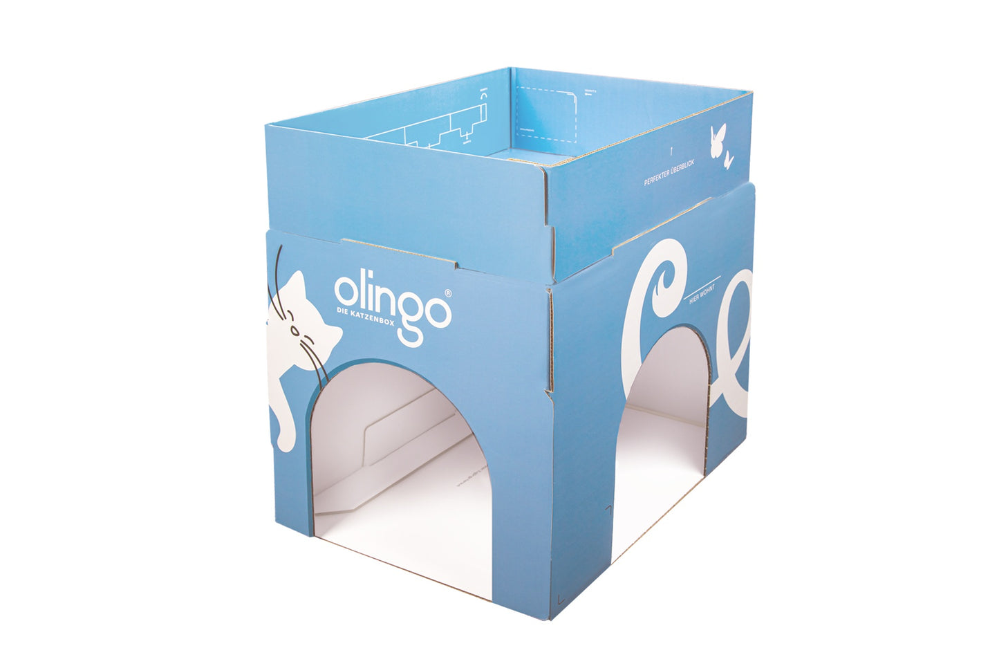 Olingo Katzenbox, Ansicht von links mit beiden Eingängen und aufgesteckter Reling