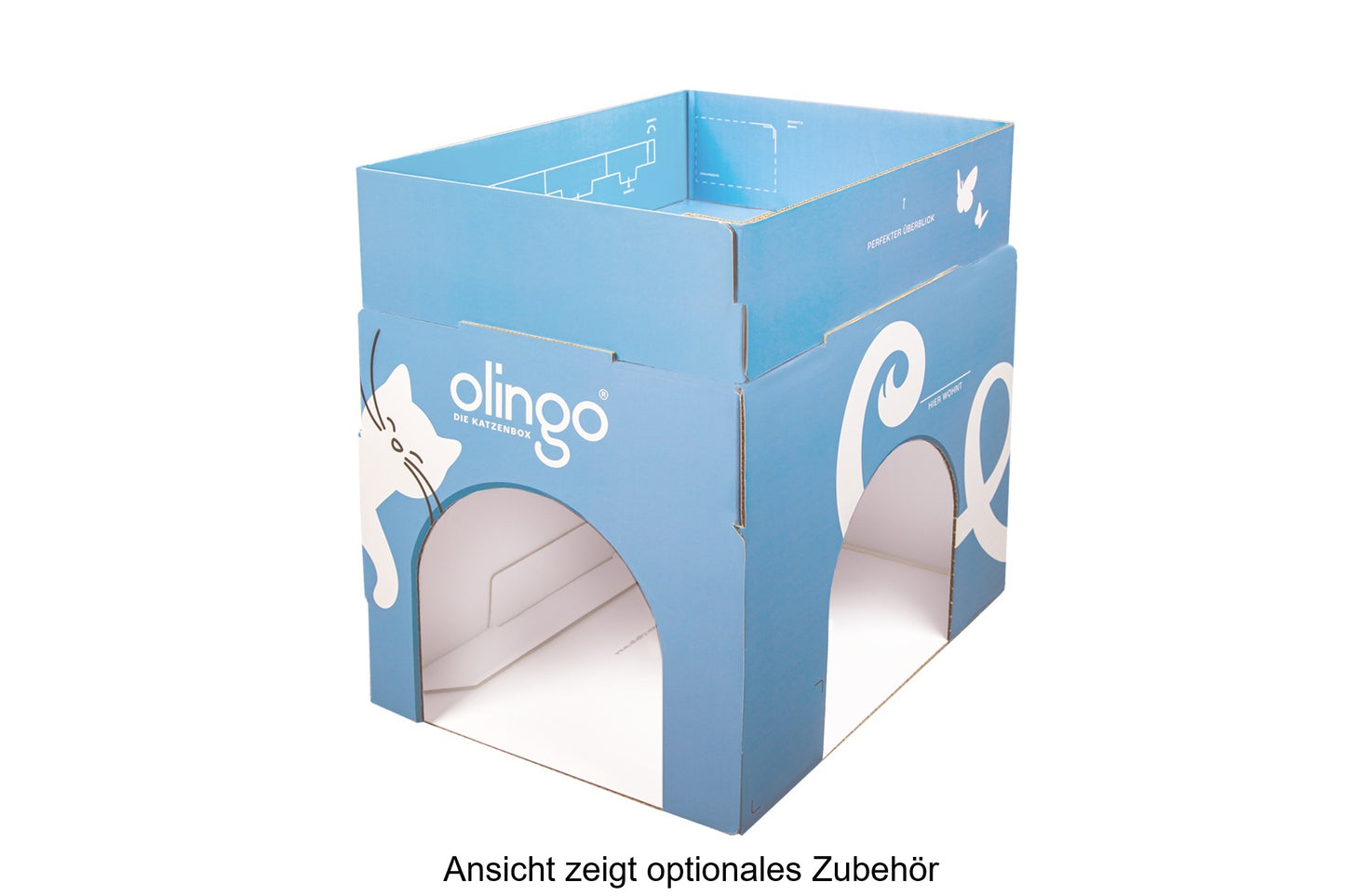 Olingo Katzenbox von schräg-rechts mit geöffneten Eingängen und aufgestecktem Rahmen und Text unterhalb der Box