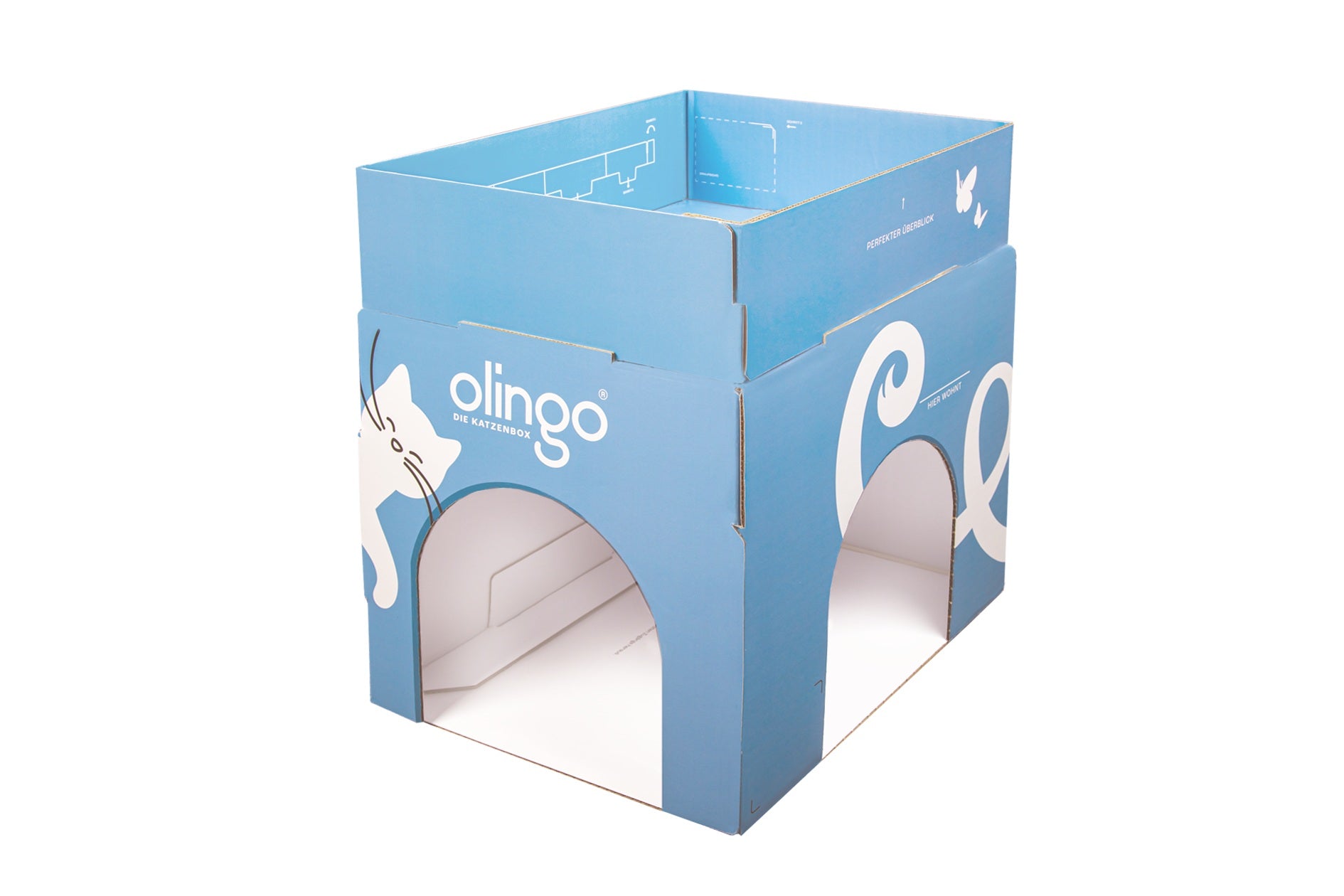 Olingo Katzenbox, Ansicht von rechts mit beiden Eingängen und aufgesteckter Reling