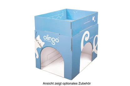 Olingo Katzenbox von schräg-rechts mit geöffneten Eingängen und aufgestecktem Rahmen und Text unterhalb der Box
